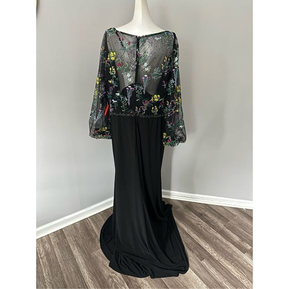MAC DUGGAL EMBROIDERED ILLUSION PUFF SLEEVE COLUMN GOWN - Picture 7 of 9